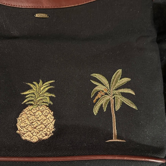 Scala Embroidered Twin Palms and Pineapple Black with Brown Leather Trim Handbag - Picture 13 of 15